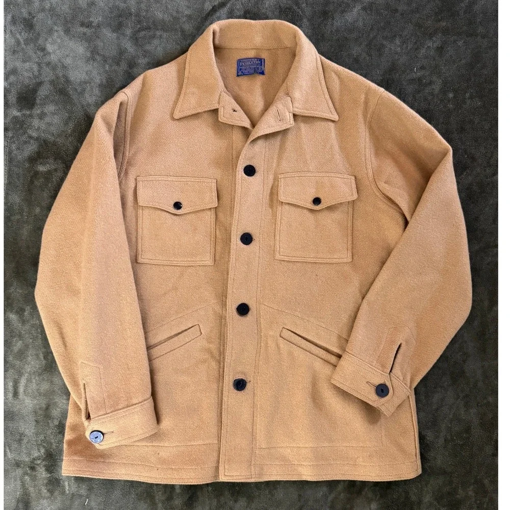 Vintage Pendleton Wool Cruiser Jacket Tan Camel Mens Large Made in USA Button Up